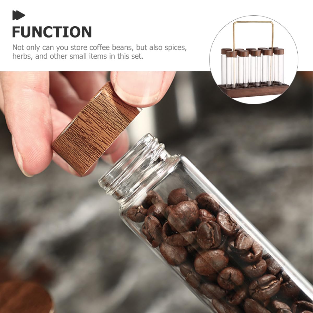Glas Kaffeebohnenröhrchen mit Luftdichtem Deckel und Hölzernem Ständer Wiederverwendbare Kaffeeaufbewahrung für Haushalt und Gastronomie