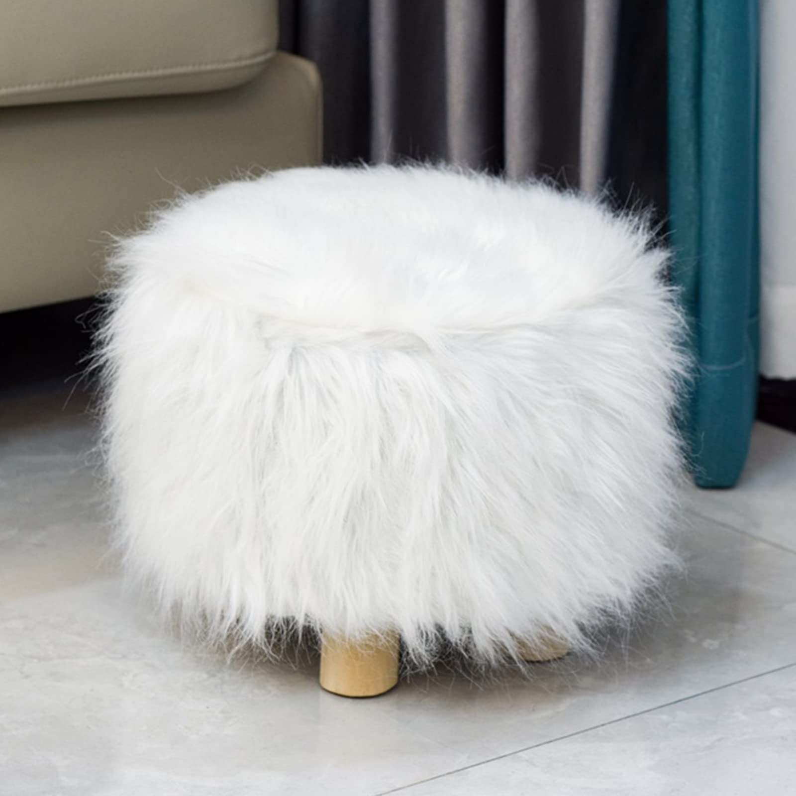 Tabouret rond en fausse fourrure blanc petit pouf de salon de 28 cm