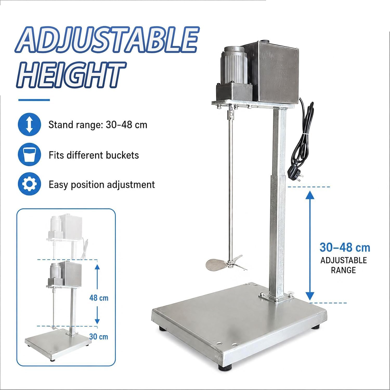 Miscelatore Elettrico per Vernici Regolabile con Albero in Acciaio Inox 304, Altezza 30-48 cm, Base Stabile per Uso in Officina e Laboratorio.