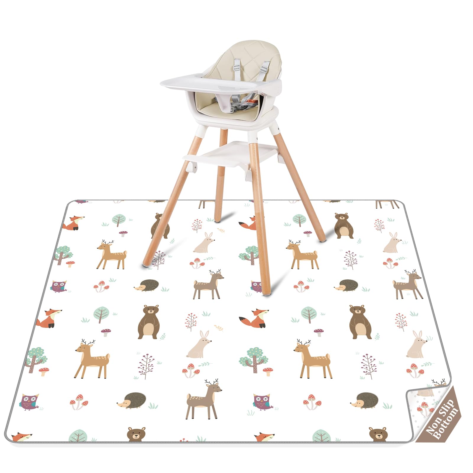 CLYMENE Splat Mat for Under High Chair | 51x51 Inch Anti-Slip Baby Splash Mat | Waterproof & Washable Spill Mat for Highchair Floor and Infant Play (Woodland Tale)