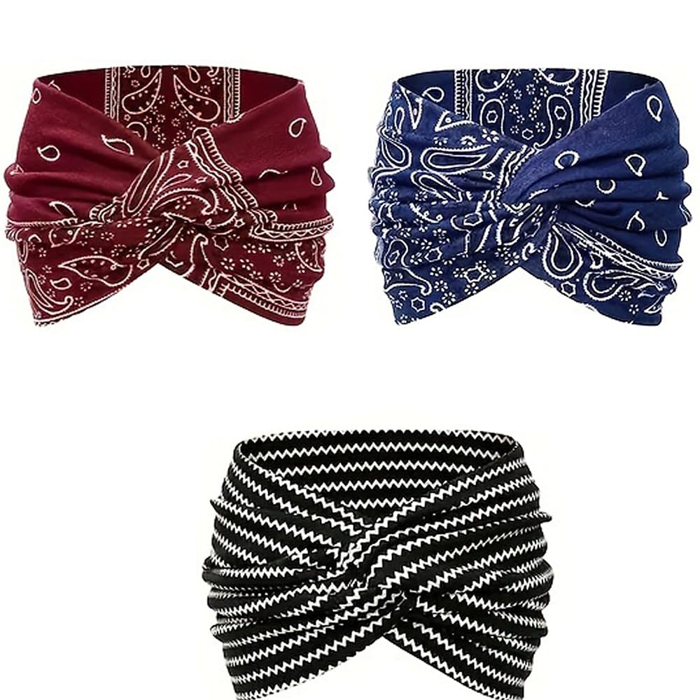 NHGEY Printed Cross Yoga Headband,Boho Headbands for Women,Boho Style & Paisley Print Hair Band Wide Elastic Hair Band (3PCS-C, one size)