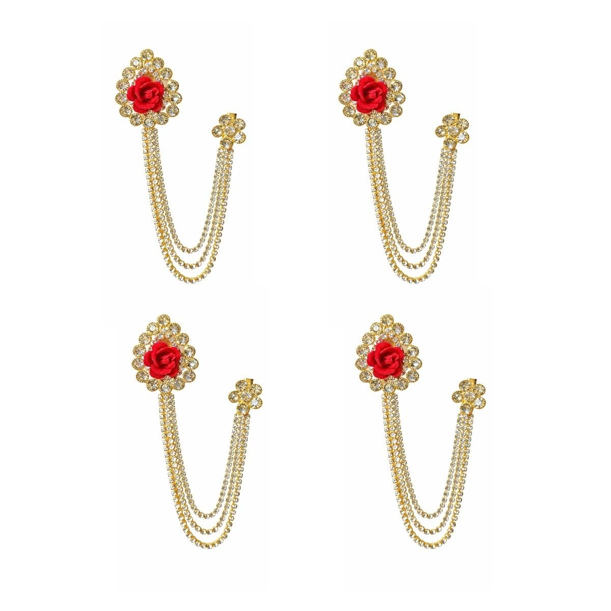 Pack of 4 Red Rose Brooch for Men with Triple Chain – Gold Plated Floral Lapel Pin for Wedding, Groom, Sherwani, Blazer & Suit | Dulha & Groomsmen Brooch Set-image-18