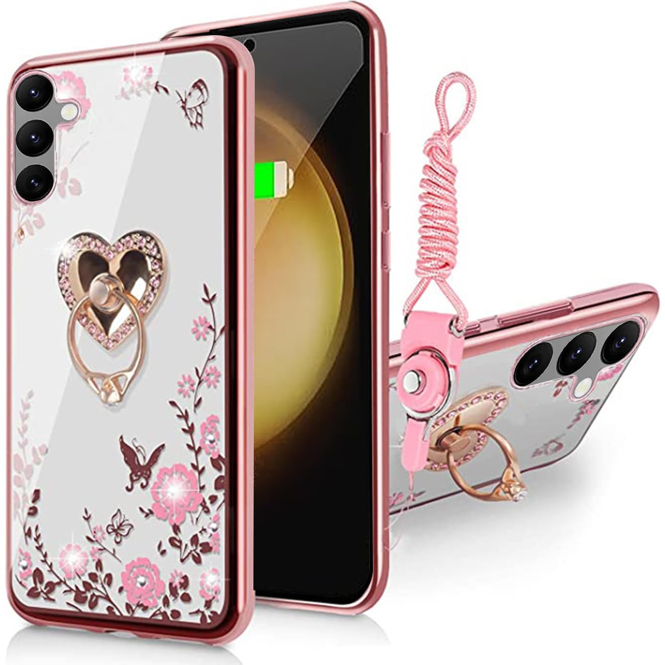 B-wishy for Samsung Galaxy S23 FE Glitter Crystal Butterfly Heart Floral Slim TPU Luxury Bling Cute Protective Cover with Kickstand+Strap for Samsung Galaxy S23 FE(Rose Gold)