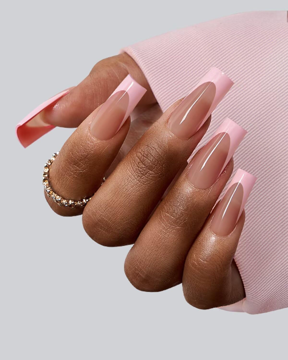 BTArtboxnails XCOATTIPS Pink French Tip Press On Nails - Long Press On Nails Square, Soft Gel Nail Tips, 150Pcs Soak Off Acrylic Brown Fake Nail Extension in 15 Sizes