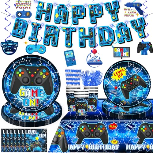Video Game Birthday Tableware Set - 159pc Eco-Friendly Disposable Kit with 300 GSM Thick Paper Plates, Durable Paper Straws, Banner, Napkins, Cups, Tablecloth for Gamer Party Boys - Serves 25 Guests