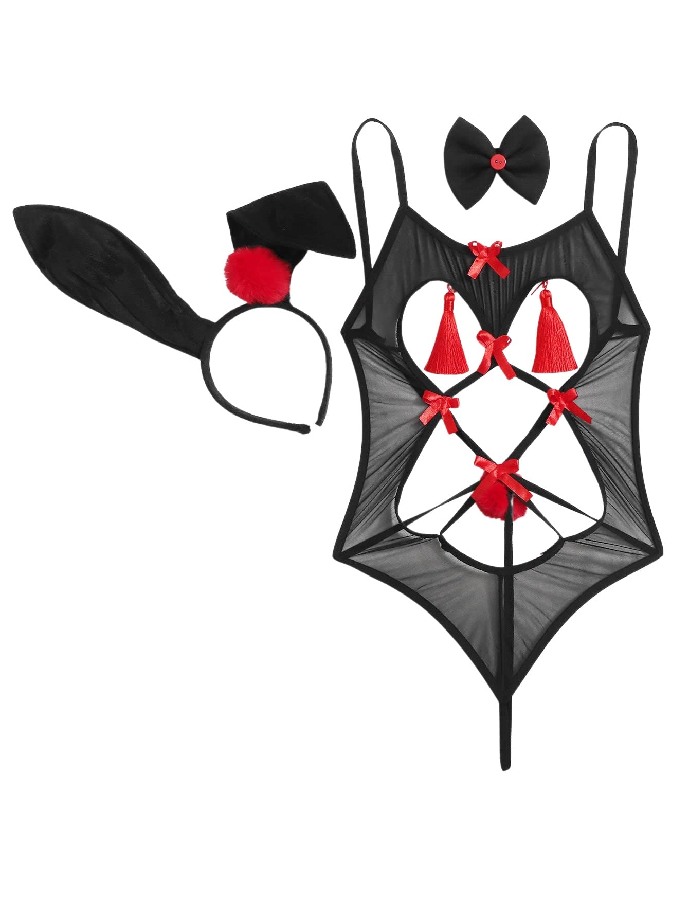 QUECY® Women's 3 Piece Cut Out Lingerie Teddy Bodysuit Bunny Cosplay Costume