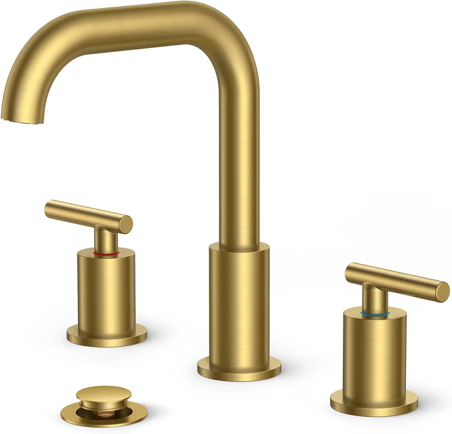 FORIOUS Brushed Gold Bathroom Sink Faucet 3 Hole, 2 Handles 8 Inch Widespread Bathroom Faucets, 360° Swivel Spout, with Pop Up Drain and Hoses, for Vanity Restroom RV Lavatory