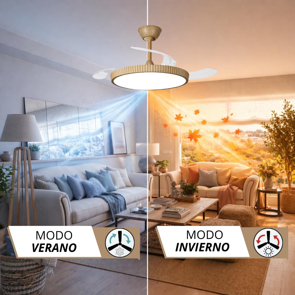 NARVI Ventilador de Techo Madera Haya Ø107 cm con Luz LED Regulable, Motor DC Silencioso de Bajo Consumo, Lámpara Ventilador con Mando, 3 Aspas Retráctiles, MANHATTAN 8996 WDNL. Potencia 60W