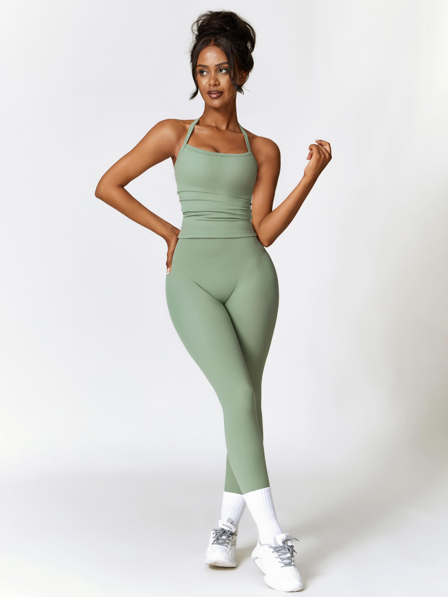 Odizli Set sportivo da donna, senza maniche, con reggiseno + leggings a vita alta, palestra, allenamento, yoga, fitness