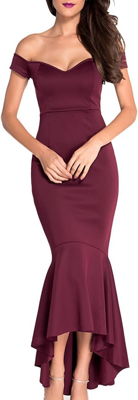 Women's Off The Shoulder Mermaid Flouncing Formal Gown Party Dress High Low Skirt-Burgundy Size L