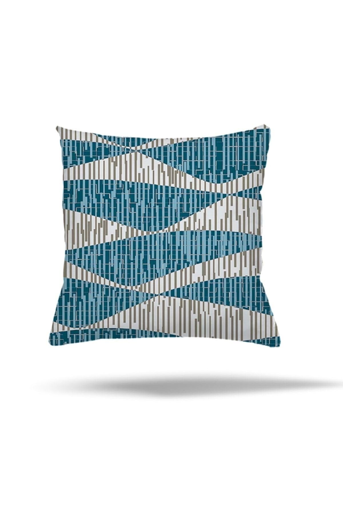 Pelangi Çiçek Ağaç Kilim Etnik Desen Gizli Fermuarlı Yastık Kılıfı Kırlent Kılıfı Yastık Kılıfı, Turkuaz-Bej 45 x 45