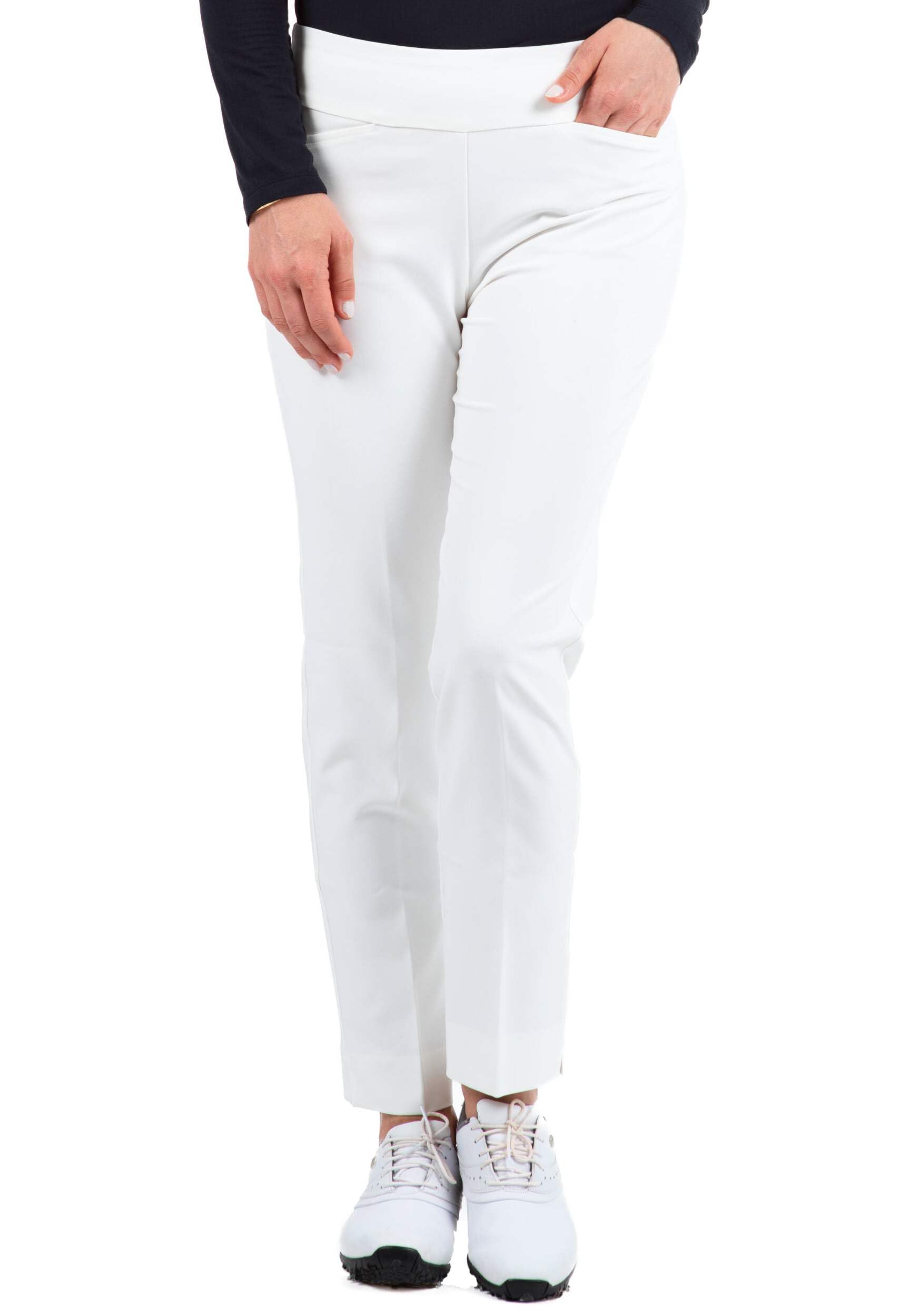 IBKUL Athleisure Wear Sun Protective UPF50 Stain-Resistant Women’s Ankle Pants w Front & Back Pockets - 72000 White Solid 10