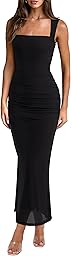 REORIA Summer Wedding Guest Maxi Dresses for Women Sleeveless Square Neck Sheer Mesh Ruched Bodycon Long Dress Trendy Clothes