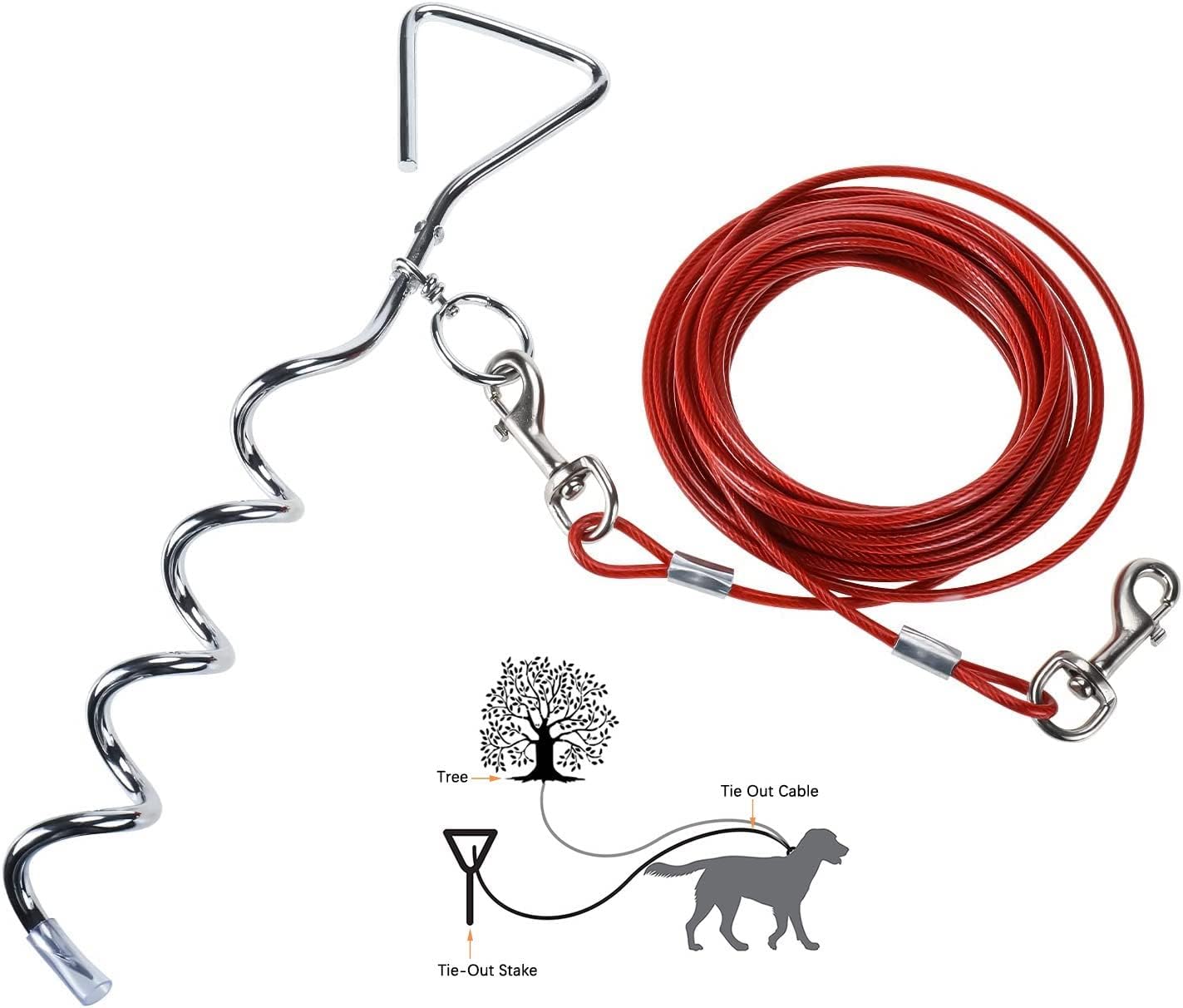 Dog Tie Out Cable (6m/20ft) and Pet Stake (45cm/18inch), Pet Tether