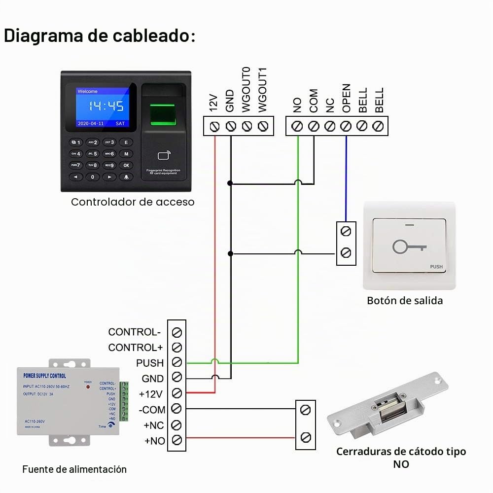 KDL Sistema Completo de Control de Acceso RFID Teclado Controlador de Huellas Dactilares, Fuente de alimentación DC12V / 3A, Cerradura eléctrica Tipo NO con Interruptor de Puerta, llaveros de 125KHz