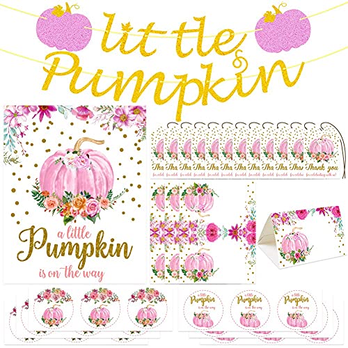 K KUMEED Little Pumpkin Baby Shower Decoration Kit, Little Pumpkin Banner, Welcome Sign, Tent Cards, Pumpkin Stickers, Pumpkin Favor Tags With String for Thanksgiving Floral Fall Autumn Decorations