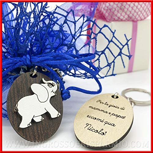 Ingrosso und SparMio 20 Schlüsselanhänger mit ovalem Anhänger aus Holz und Elefant, mit Gravur für Gastgeschenke zur Geburt, Taufe, Jungen, Mädchen (mit persönlicher Gravur - mit Tiffany-Verpackung)