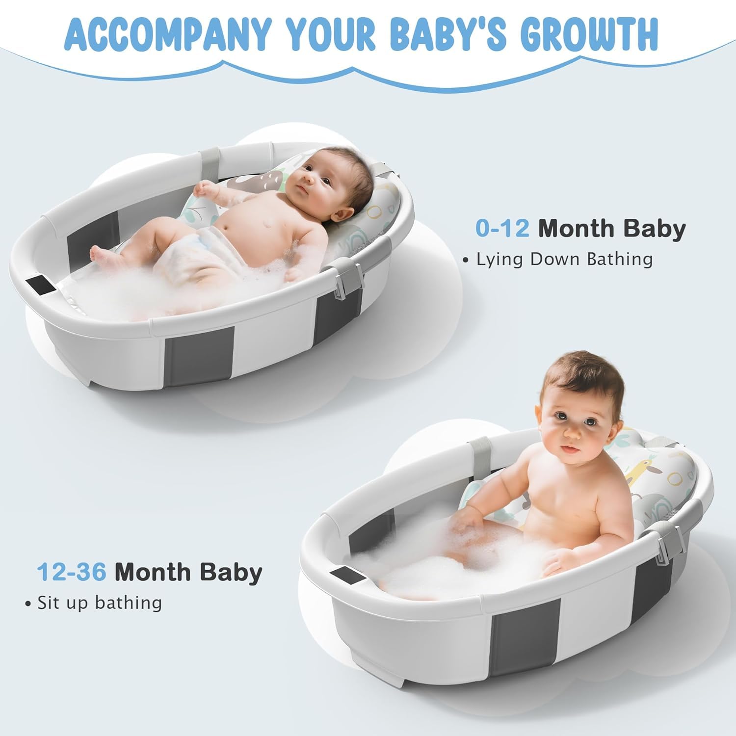 Bañera plegable para bebé con termómetro de detección de temperatura en tiempo real, juguete de baño gratis con almohadilla de cojín