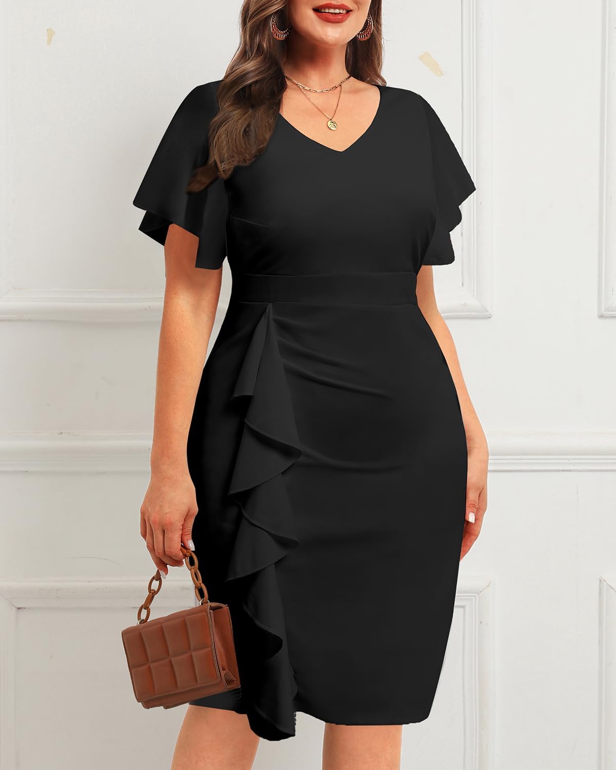 Plus Size Cocktail Dress - Wedding Guest Women Bodycon Vintage Ruffle Church Pencil Dress - Image 5