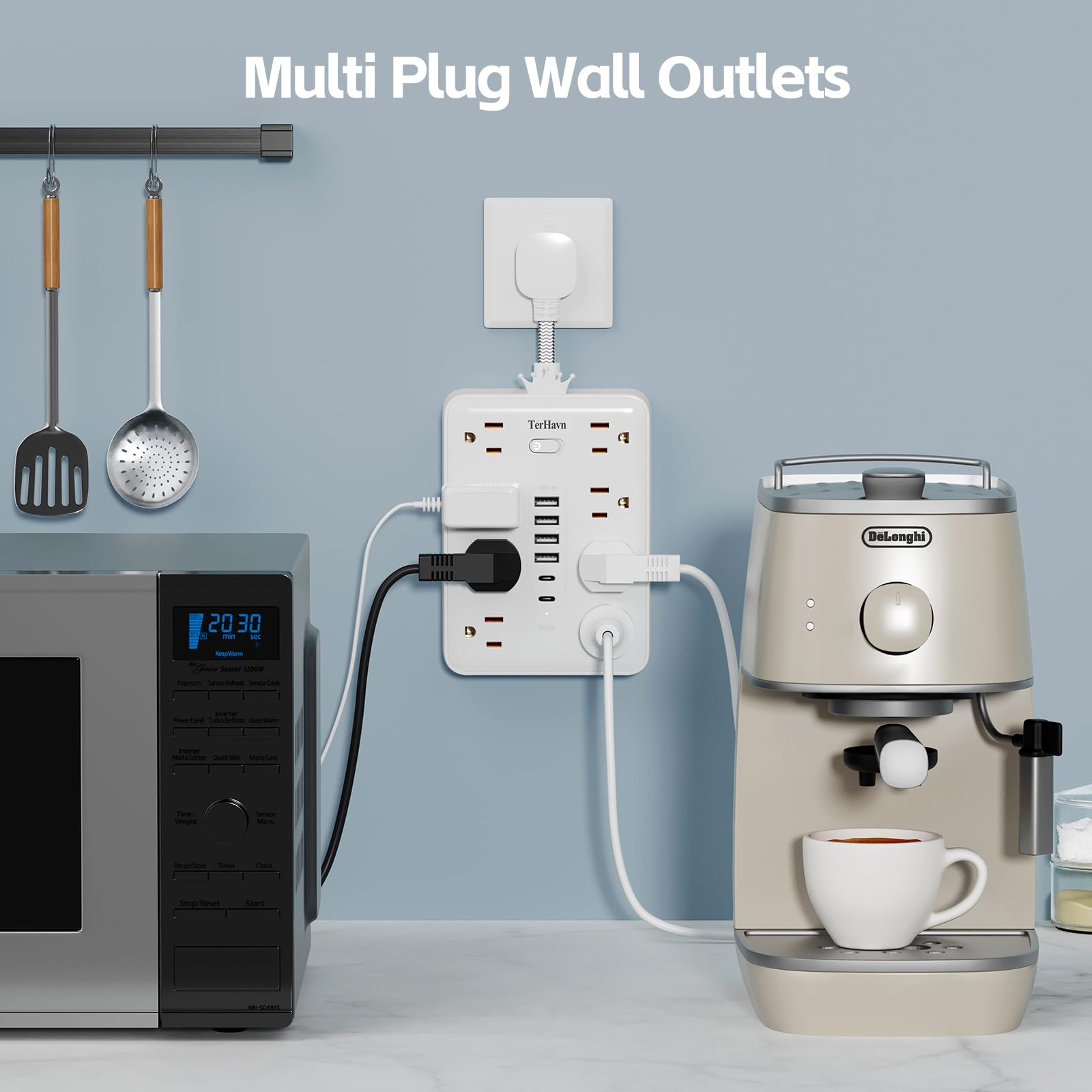Enchufe plano ultrafino, protector de sobrecarga, regleta de alimentación con 8 salidas de CA, 6 USB (2 USB C) para el hogar, oficina, dormitorio, viajes, esenciales, 15 A, 1875 W UL