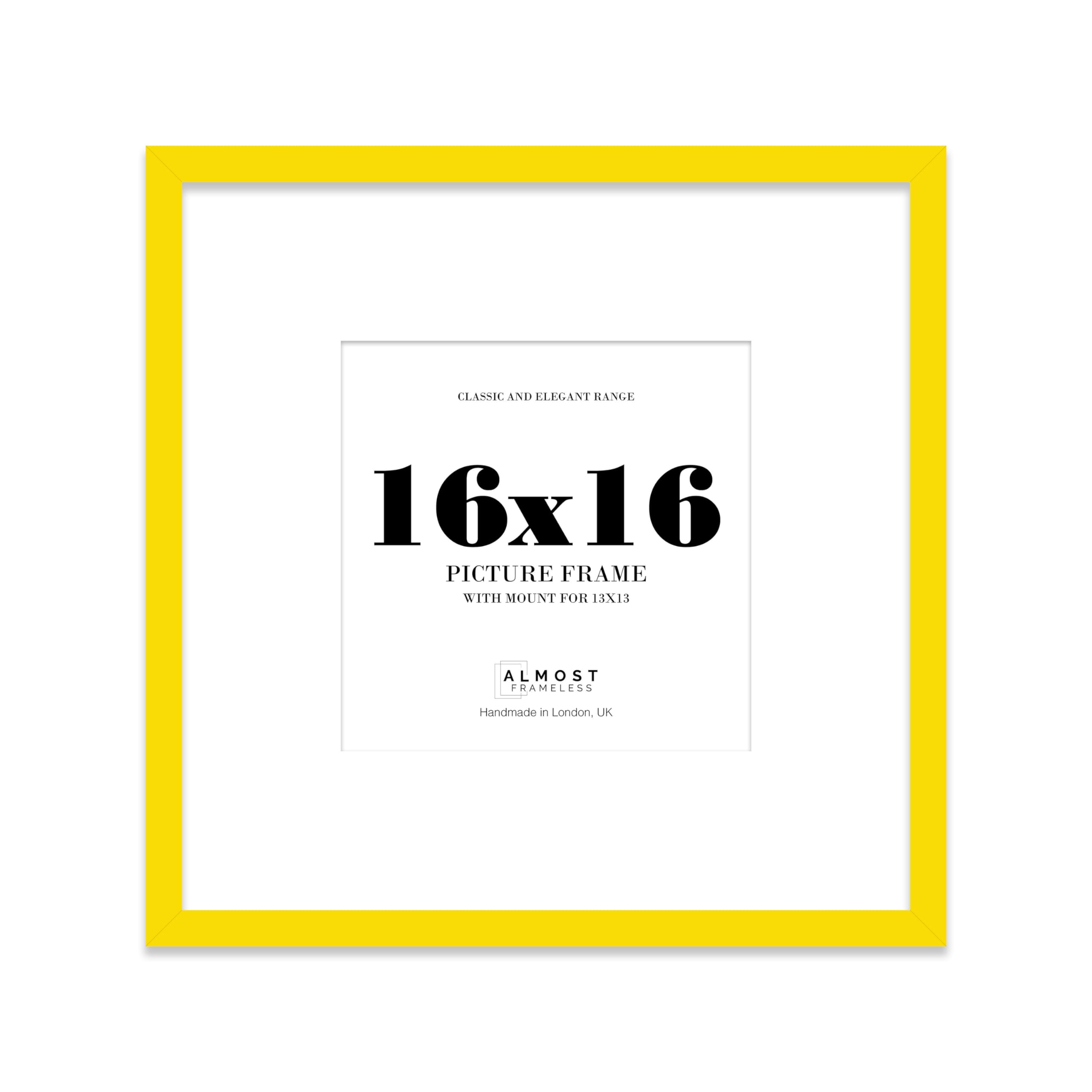 Almost Frameless 16x16 Square Picture Frame, Display Pictures 13x13 With Mat or 16x16 Without Mat, Wall Hanging & Free Standing Photo Frame, Yellow, 1 Pack