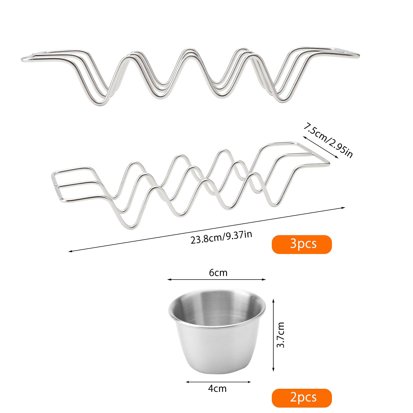3 Stück Taco Halter Mexikanisches mit 2 Pcs Saucenbecher aus 70 ml, Taco Halter Ständer, Taco Ständer Edelstahl, Hotdog Halter, Wellenform Food Ständer für Halten Tacos für Familien Partys