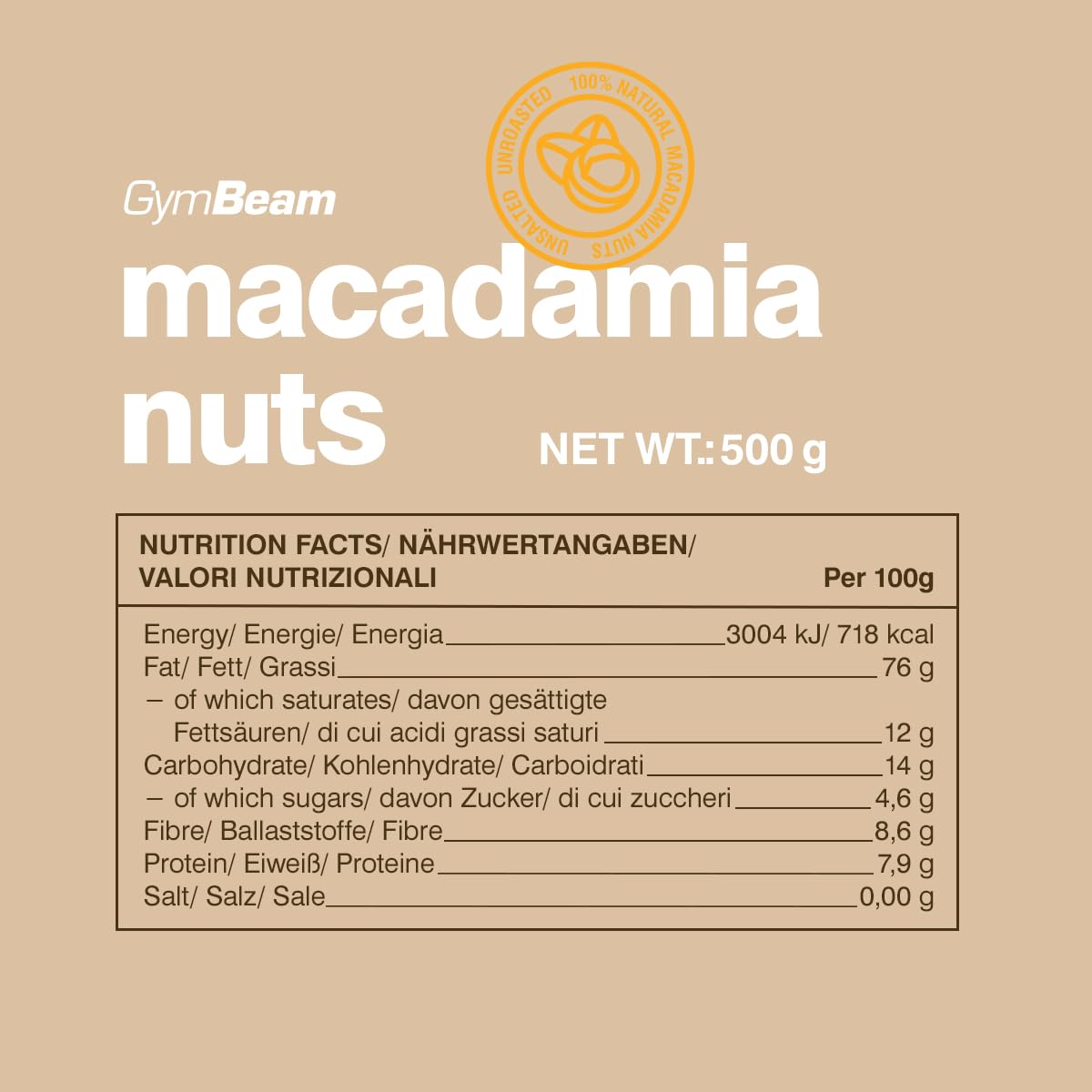 GymBeam Noci di Macadamia Intere 500g, Noci di Macadamia Non Salate dal Sapore Burroso e Croccante, Ricche di Grassi Sani, Prive di Additivi, Ideali per Vegani, Snack Salutare