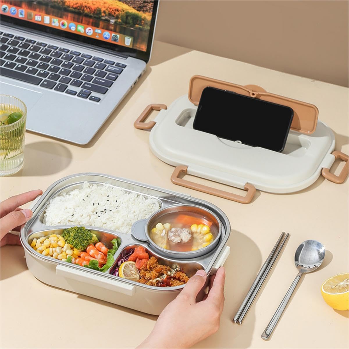 LANMOU 1.5L Lunch Box Inox, Lunch Box Isotherme Repas Chaud Bento Lunch Box Micro Ondable Lunch Box Enfant Lunch Box Adulte Boite Repas Compartiment Bento Isotherme avec Sac Isotherme (4 grilles)