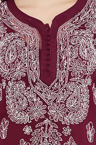 Image of FAWOMENT Women's Designer Straight Georgette Hand Embroidered Lucknowi Chikankari Kurta Designed in Side Jhaar Pattern Alongwith Slip
