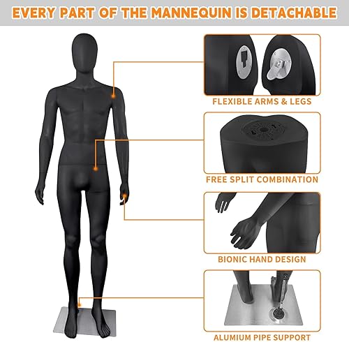 Miniatura 4 de YumHome 1 maniquí masculino negro de 73 pulgadas, soporte de modelo de cuerpo completo, maniquíes posables, forma de vestido, torso desmontable para