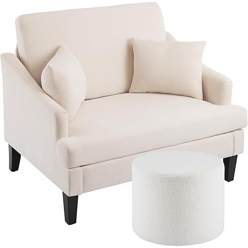 Bezseller Oversized Accent Chair with Ottoman - 33.5'' Wide Seat Comfy Armchair with 2 Pillows, Upholstered Big Reading Chair, Modern Single Sofa Chair for Living Room Bedroom Office, Beige/Beige
