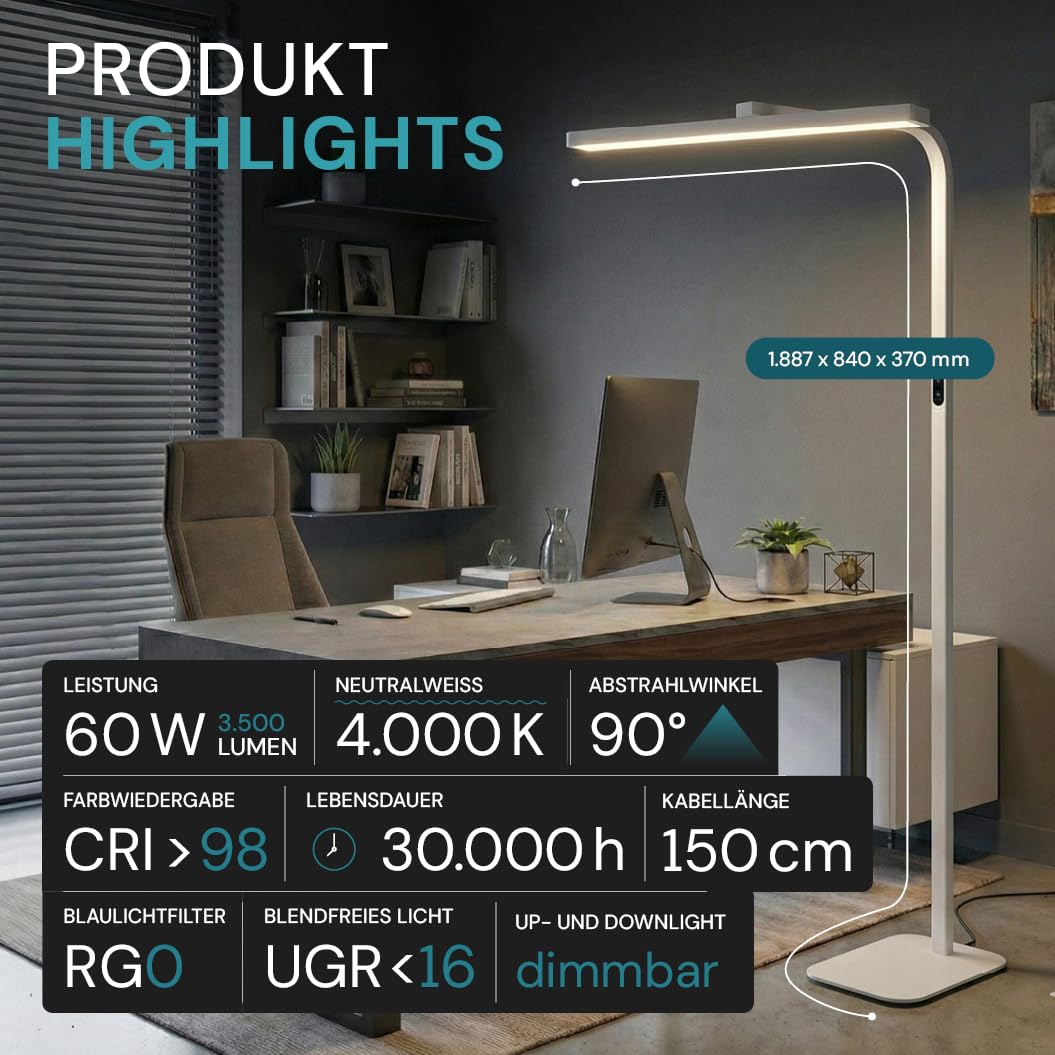 LUXULA LED Büro-Stehleuchte dimmbar, 60 W 3500 lm, 4000K Neutralweiß, Up/Downlight, UGR<16, CRI98, Touchbedienung, blendfreies Licht, Monitor, Büro, Arbeitszimmer, Homeoffice, modernes Design, Weiß