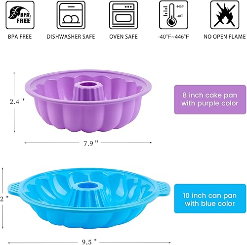 Miniatura 6 de Paquete de 2 moldes de silicona para tartas, 8 y 10 pulgadas antiadherentes de silicona para hornear gelatina, gelatina, brownie, pan de maíz