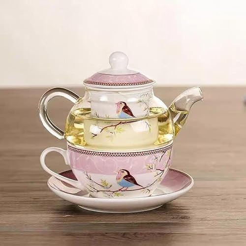 Miniatura 7 de Juego de té para uno, tetera de vidrio con infusor de porcelana y colador y taza y platillo, patrón de pájaro feliz (rosa)