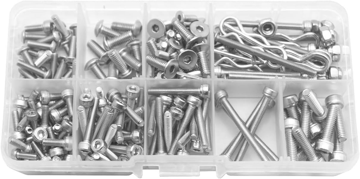 205PCS ShareGoo Stainless Steel M3 M4 Screws,Wheel Hexagon Nut, R Pin RC Screw Kit Compatible with Axial RC4WD Traxxas Slash 4x4 Short Truck Off-Road RC Car Truck