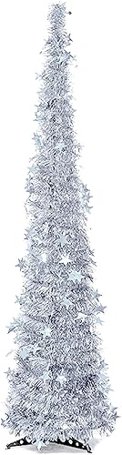 Soporte de metal para árbol de Navidad artificial, árbol de Navidad de oropel brillante, árboles de Navidad plegables de 47 pulgadas con lentejuelas
