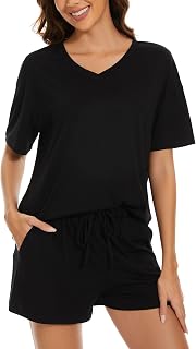 LOCUBE Women's Short Sleeve Pajama Set with Pockets | Soft Lightweight Stretch Fabric, Loose Fit, Elastic Waist Shorts & Adjustable Drawstring, Deep Pockets, Comfy Lounge & Sleep