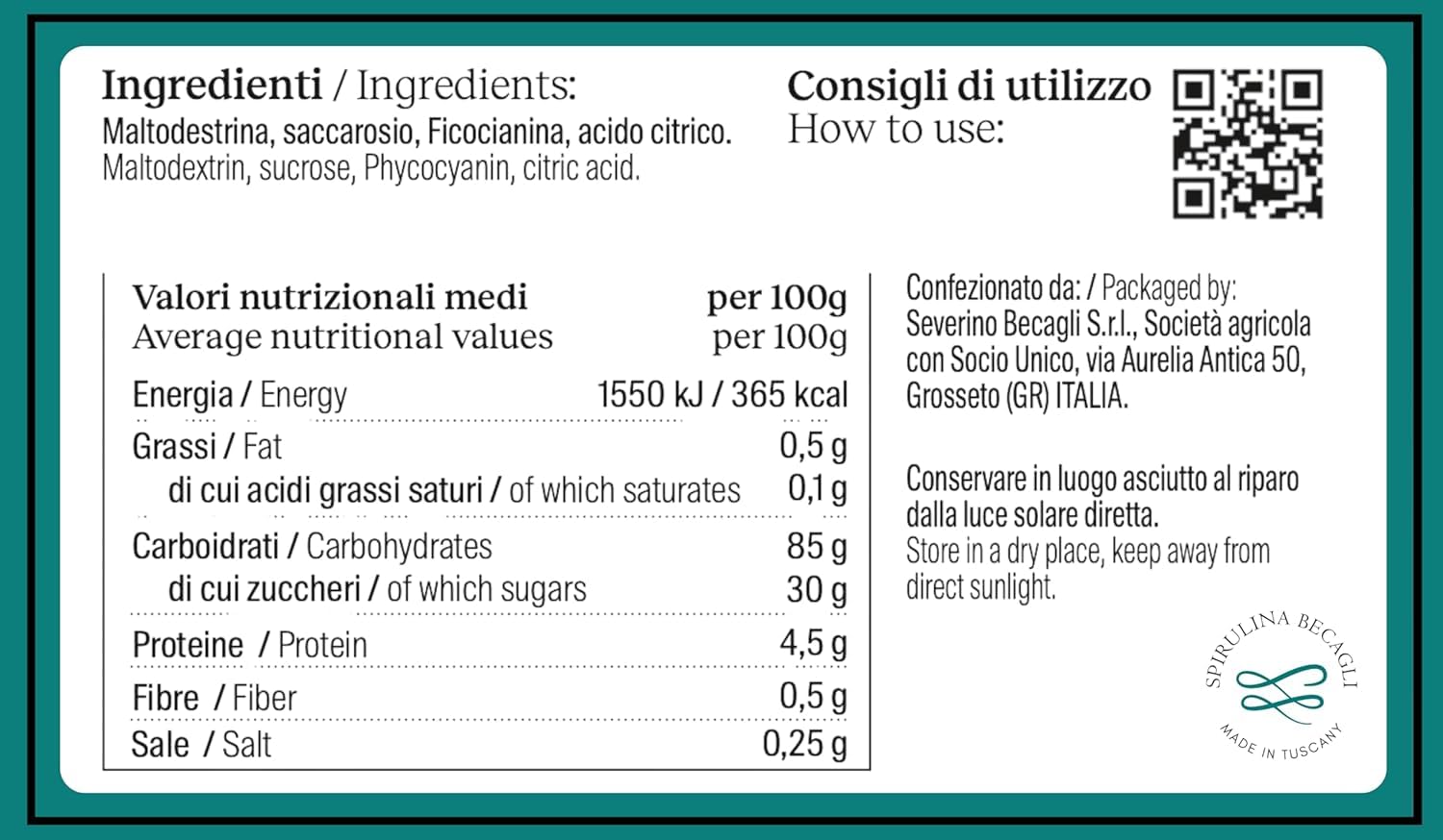 SPIRULINA BECAGLI Spirulina Blu In Polvere 20 g, Colorante Alimentare Naturale A Base Di Ficocianina, Polvere Blu Per Bevande E Preparazioni Alimentari, Made in Italy, Vegan OK (20 gr.)