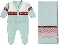 Saída de Maternidade Tricô Azul com Casaco e Manta – Kit Bebê Completo