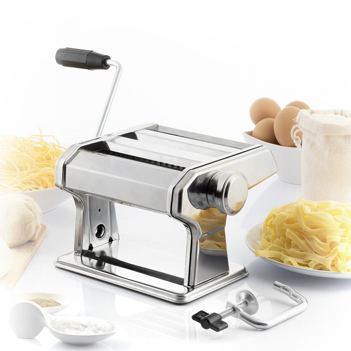 Machine à Pâtes Manuelle - Laminoir à Pâtes Acier Inox Spaghettis, Tagliatelle, Lasagnes - Manivelle amovible - Recettes Incluses