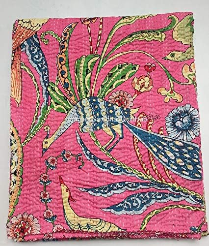 Pink Handblock Animal Print Handmade Cotton Kantha Quilting Boho Bedding Throw Blanket Hippie Queen/King Size Bohemian Block Kantha Quilt (90X108 inches (Double/Queen))