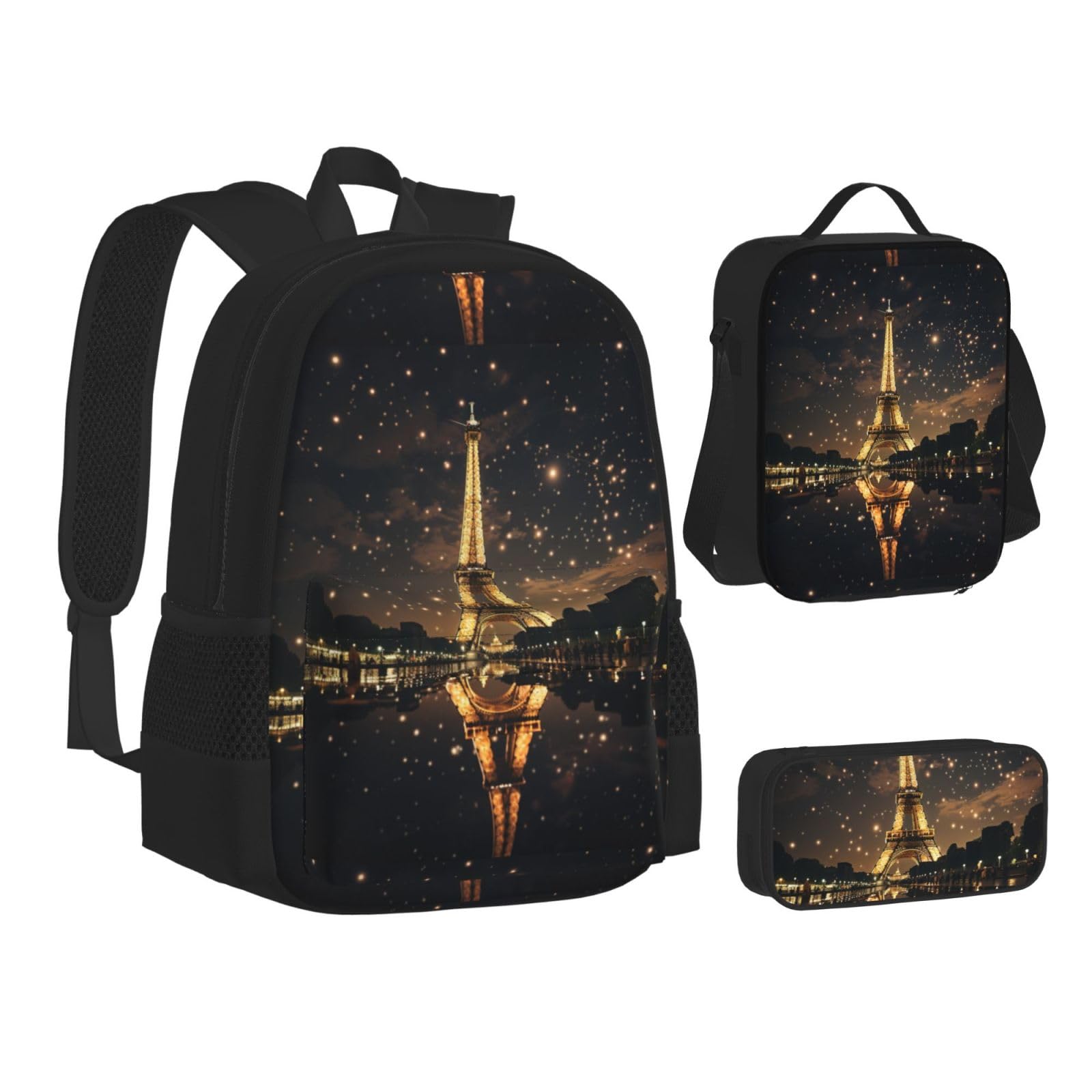 YHBLYKXP Eiffel Tower print 3-Piece Casual Backpack Set (Backpack + Waist Bag + Small Pouch), Unisex Daypack