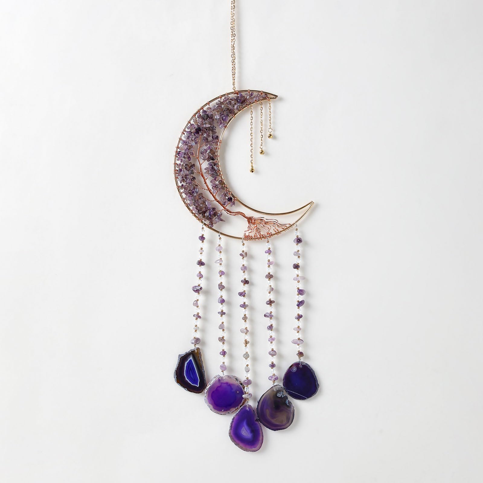 Agate Gemstone Dream Catcher 7 Chakra Tree of Life Dream Catcher with Rainbow Crystal Stones Handmade Dreamcatcher Wall Decor for Adults Boys Girls,Bedroom,Wedding,Garden,Bless Gift(Purple Moon)