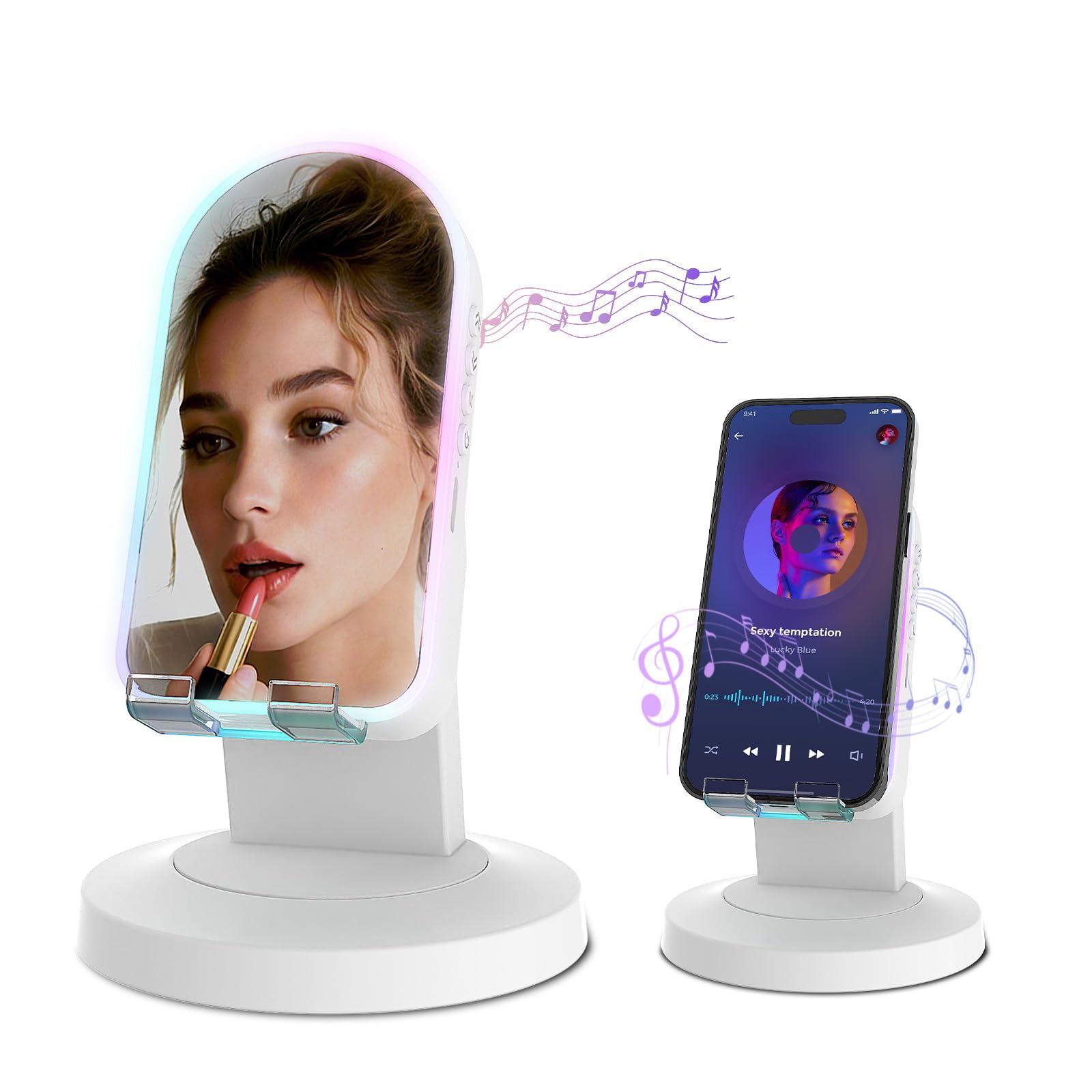 Tatiyana Wireless Induction Speaker with 360° Rotating Base, Bluetooth Speaker Phone Stand with Center Mirror, Stereo Sound for Kitchen Desk, RGB Ambient Light, Gift for Men Women (White)