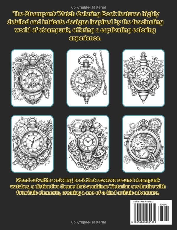 Steampunk Watch Coloring: 50 Uniques Drawing Steampunk Clock Adult Coloring Book For Calm, Stress, Anxiety and Relaxtion For Kids, Perfect Gift For Watch Lover image 3