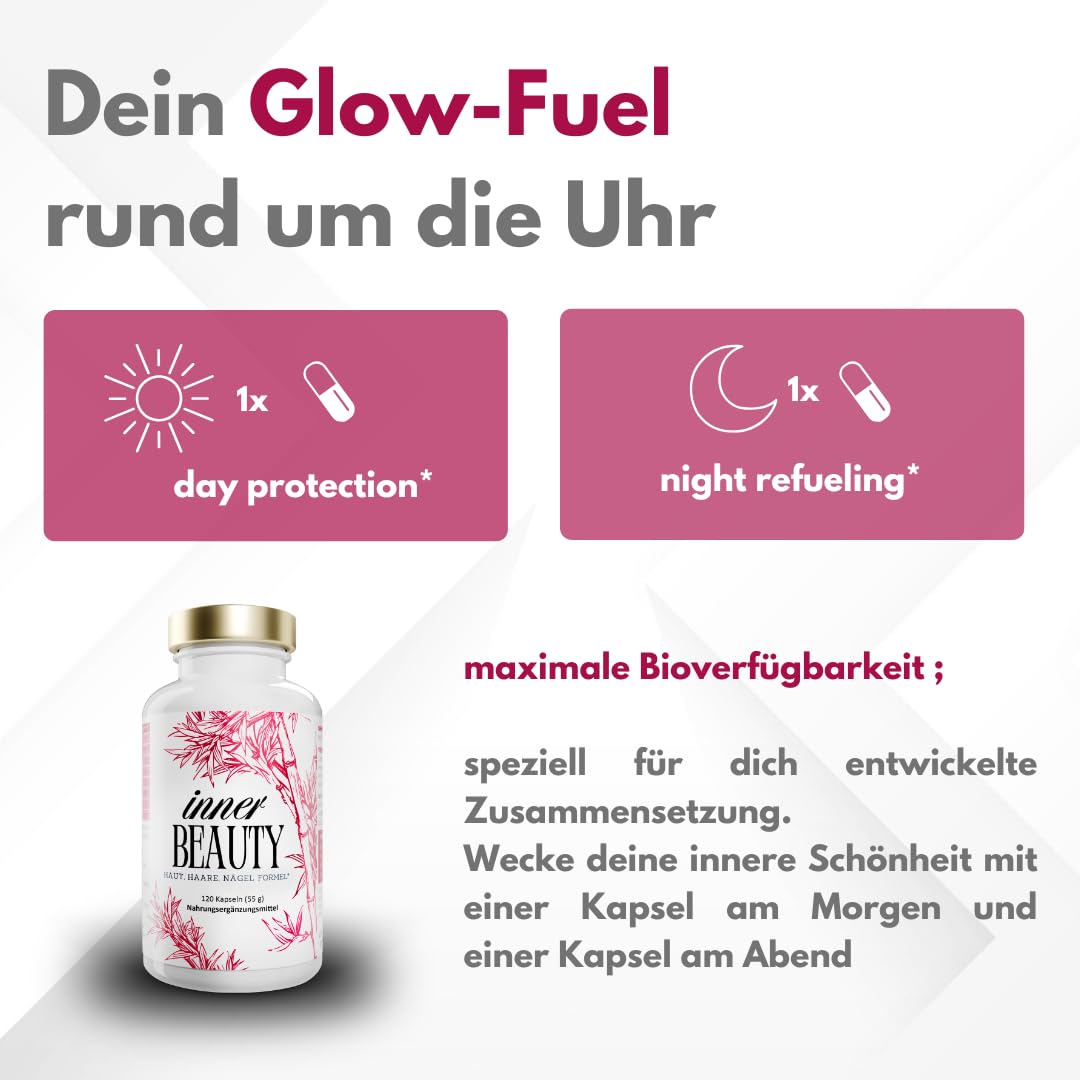 inner BEAUTY | Haut Haare Nägel Formel für die Frau | 120 Kapseln Haarvitamine, Biotin hochdosiert, Silicium aus Bambus Extrakt | 5000µg Biotin, Komplettversorgung Zink Selen | Haarvitamine