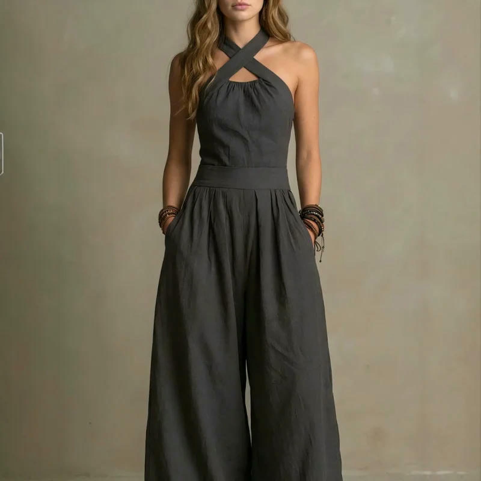 Mono De Verano Mono Casual De Verano con Cuello Cruzado, Cintura Ajustada Y Espalda Descubierta, Perneras Anchas.