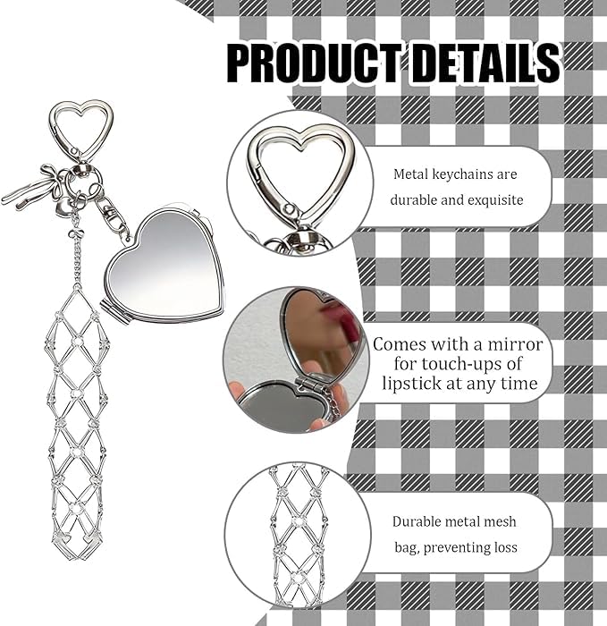 Image of Lipstick Holder Keychain Lipgloss Holder Keychain Lip Gloss Holder Keycharms for Girls Cute Bag Charms Portable Lipstick Charm Keycharms with Heart Mirror Travel Makeup Pouch (Lipstick not Included)