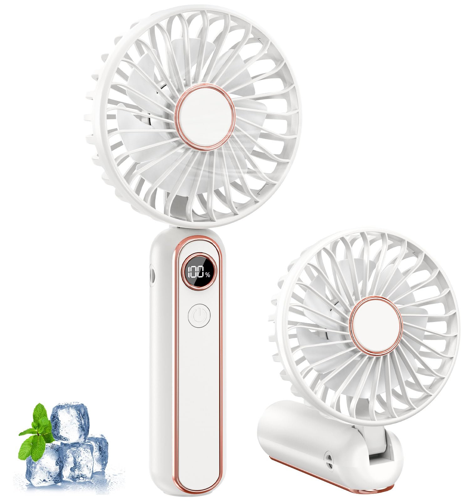 Handventilator, Tragbarer Mini Ventilator, Wiederaufladbar USB Ventilator, Kleiner Ventilator mit 6 Geschwindigkeitsstufen, Faltbarer Hand Ventilatoren mit Lanyard und Base,Weiß (für Büro & Outdoor)