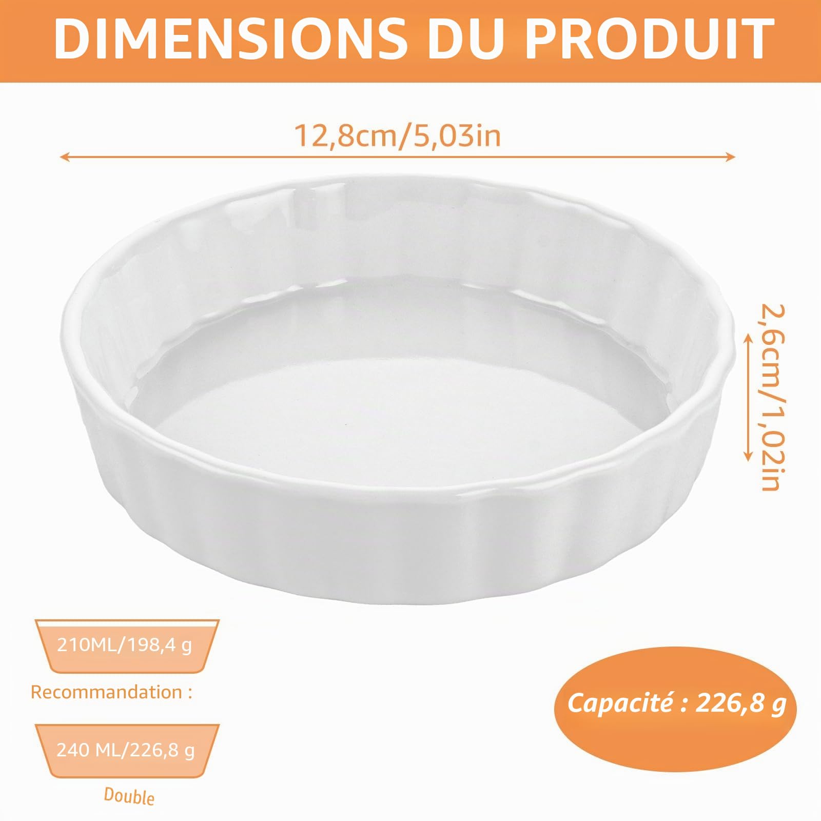 APACALI 6 PCS Moules à Tarte en Porcelaine, 120ml Ramequin Moule à Soufflé Crème Brulée, Ramequin Creme Brulee pour Muffin, Gâteau, Dessert, Sauce